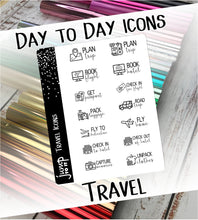 Load image into Gallery viewer, Foil Planner Stickers - TRAVEL Day to Day icons - Erin Condren Happy Planner B6 Hobo - vacation trip flight