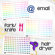Load image into Gallery viewer, Functional Icon planner stickers -Asterisk, Balloons, Clothesline, Coffee, Computer, Doctor, Email, Fork/knife, Gift, Grocery bag, Hair dryer, Happy mail, Kettlebell, Laundry basket, Paper clip, Paw print, Planner, Prescription, Tooth, Trash (S-113)