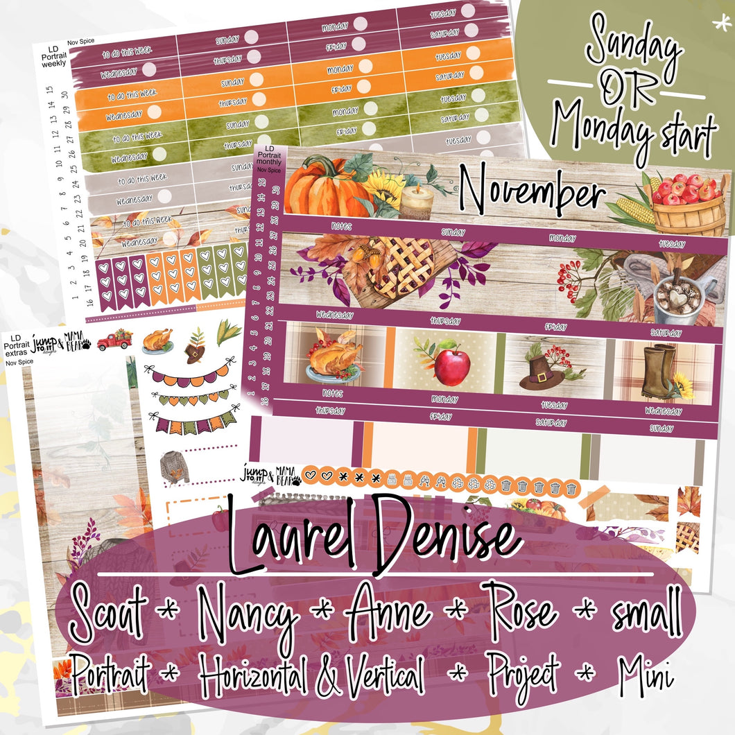 November Spice for Laurel Denise Planner stickers - Scout/Portrait, Anne/Vertical, Nancy/Horizontal, Rose/Project & Mini