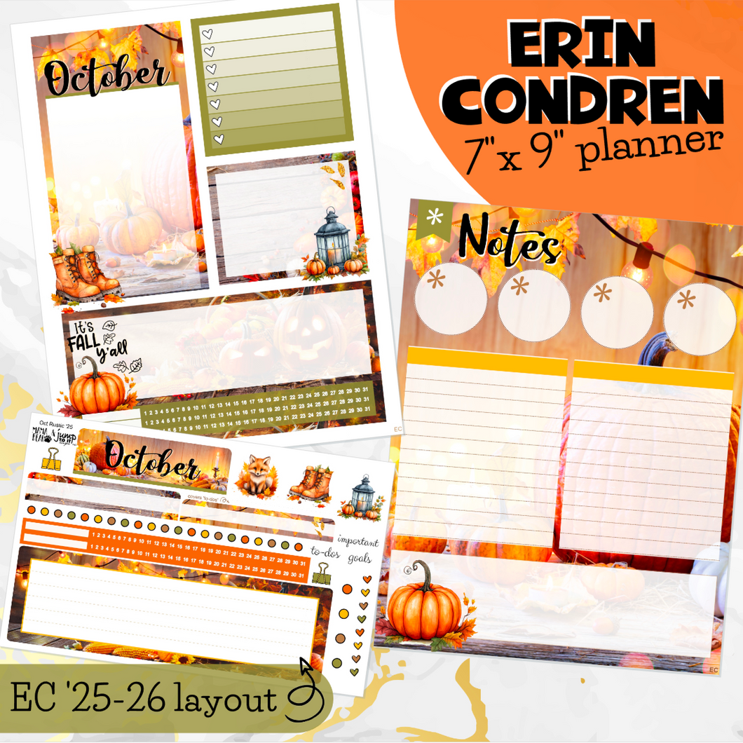 October Rustic  NEW25/26 Notes monthly sticker - Erin Condren Vertical Horizontal 7x9