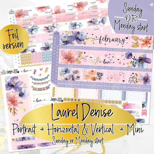 February Floral Romance FOIL -for Laurel Denise Planner stickers - Portrait, Mini, Vertical, Horizontal & Project