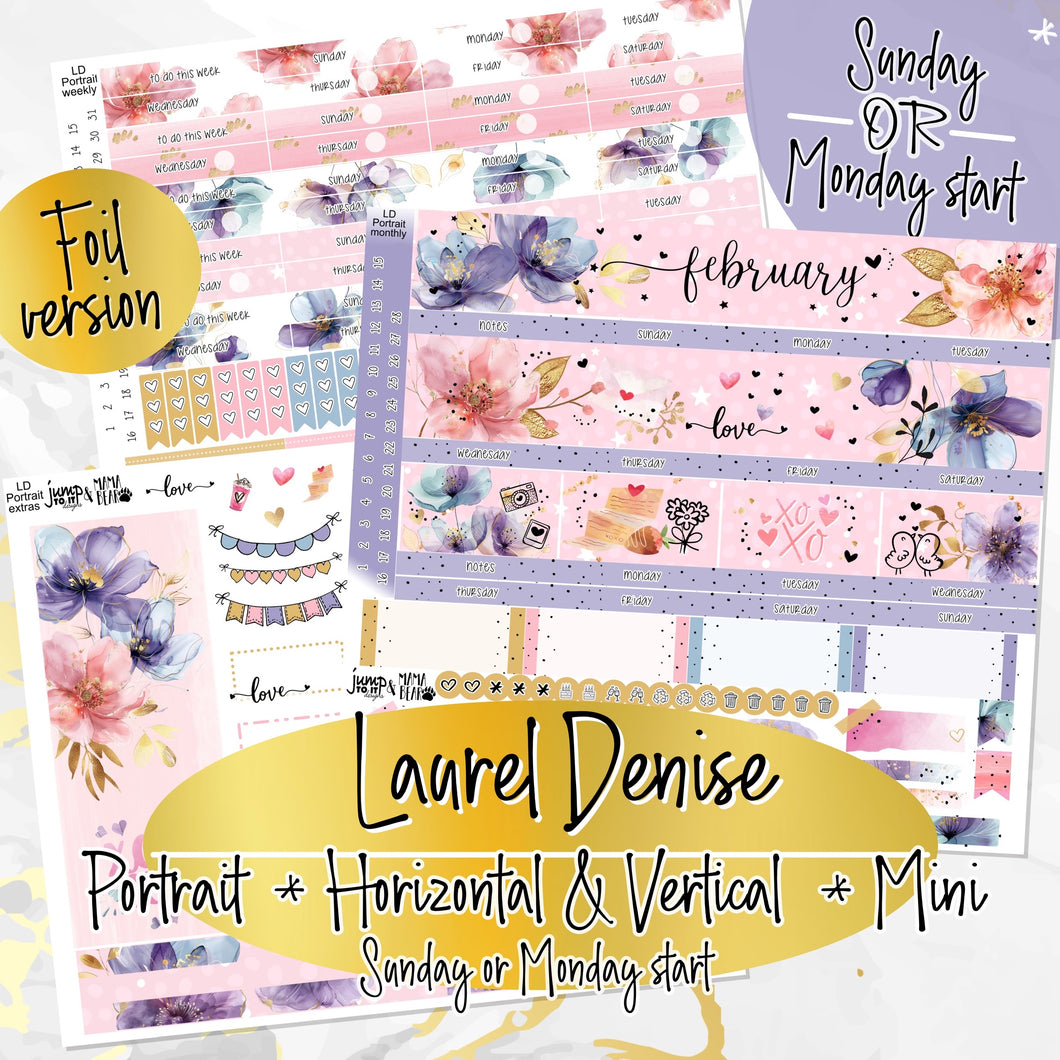 February Floral Romance FOIL -for Laurel Denise Planner stickers - Portrait, Mini, Vertical, Horizontal & Project
