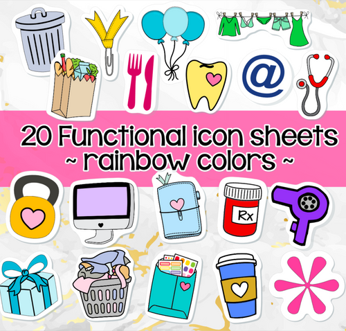 Functional Icon planner stickers -Asterisk, Balloons, Clothesline, Coffee, Computer, Doctor, Email, Fork/knife, Gift, Grocery bag, Hair dryer, Happy mail, Kettlebell, Laundry basket, Paper clip, Paw print, Planner, Prescription, Tooth, Trash (S-113)