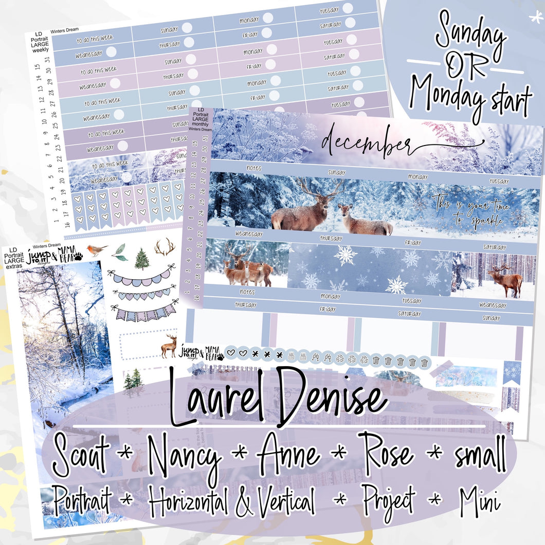 December Winters Dream -for Laurel Denise Planner stickers -Scout/Portrait, Anne/Vertical, Nancy/Horizontal, Rose/Project & Mini (Copy)