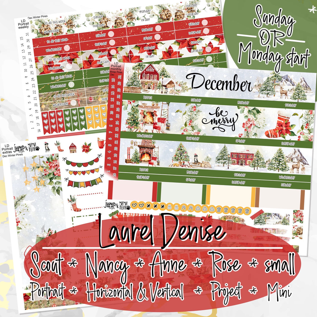 New Release December Winter Pines for Laurel Denise Planner stickers - Scout/Portrait, Anne/Vertical, Nancy/Horizontal, Rose/Project & Mini