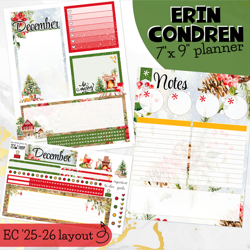 New Release December Winter Pines 25/26 Notes monthly sticker - Erin Condren Vertical Horizontal 7x9