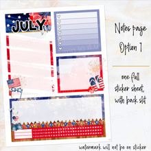 Load image into Gallery viewer, July Freedom Notes monthly sticker -25/26 Erin Condren Vertical Horizontal 7"x9", Happy Planner Classic, Mini &amp; Big