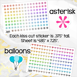 Functional Icon planner stickers -Asterisk, Balloons, Clothesline, Coffee, Computer, Doctor, Email, Fork/knife, Gift, Grocery bag, Hair dryer, Happy mail, Kettlebell, Laundry basket, Paper clip, Paw print, Planner, Prescription, Tooth, Trash (S-113)