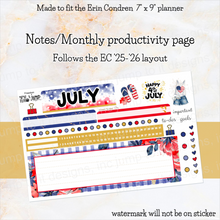 Load image into Gallery viewer, July Freedom Notes monthly sticker -25/26 Erin Condren Vertical Horizontal 7"x9", Happy Planner Classic, Mini &amp; Big