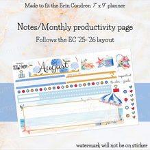 Load image into Gallery viewer, New Release August Hamptons Notes monthly sticker -25/26 Erin Condren Vertical Horizontal 7"x9", Happy Planner Classic, Mini &amp; Big