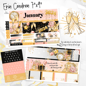 January New Year’s Eve ’24 monthly - Erin Condren Vertical Horizontal 7"x9", Happy Planner Classic, Mini & Big