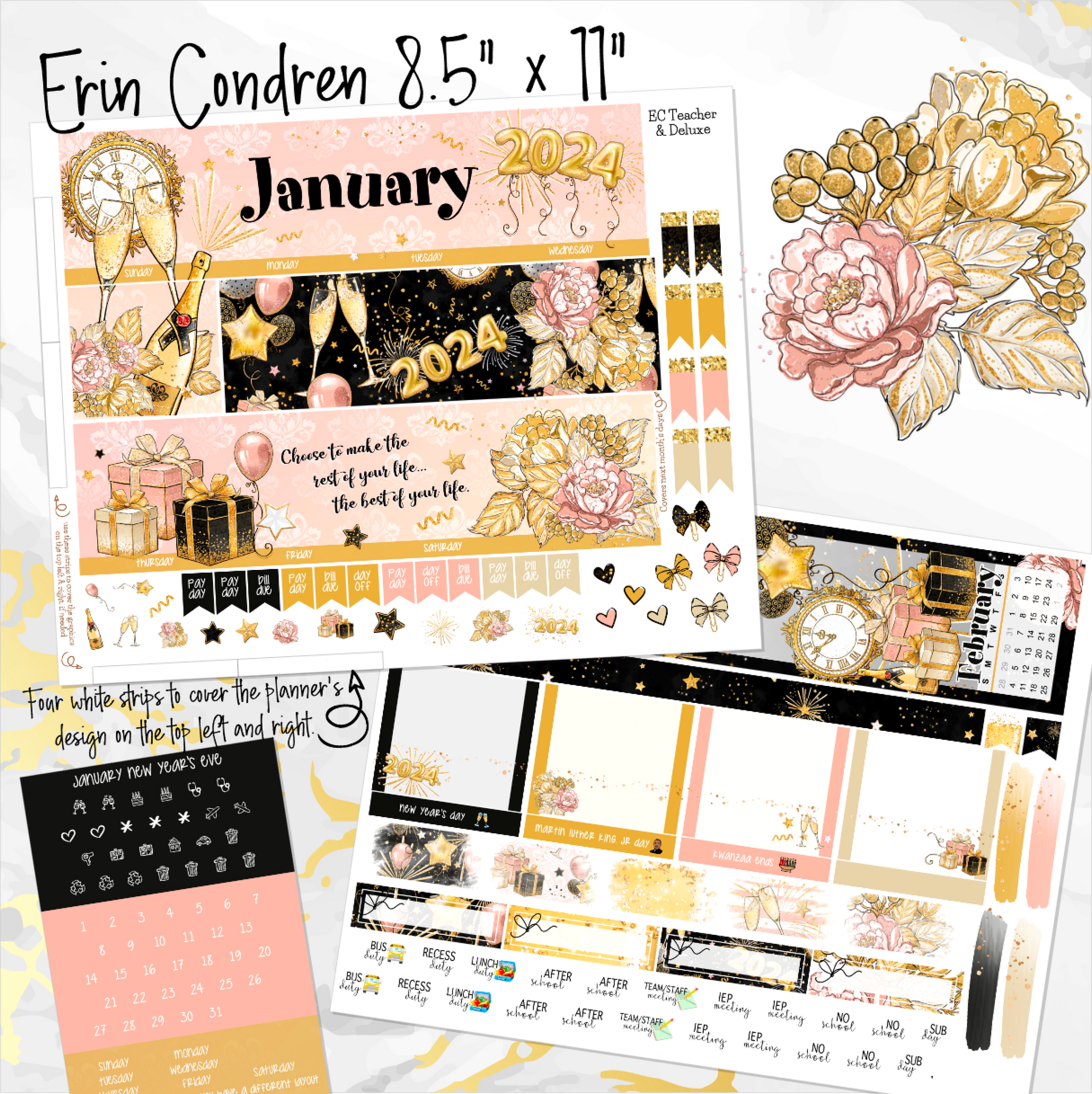 Gold,black and White Planner Stickers,new Years Printable Stickers,fits  Your Erin Condren Planner,weekly Sticker Kit,glam Planner Stickers 