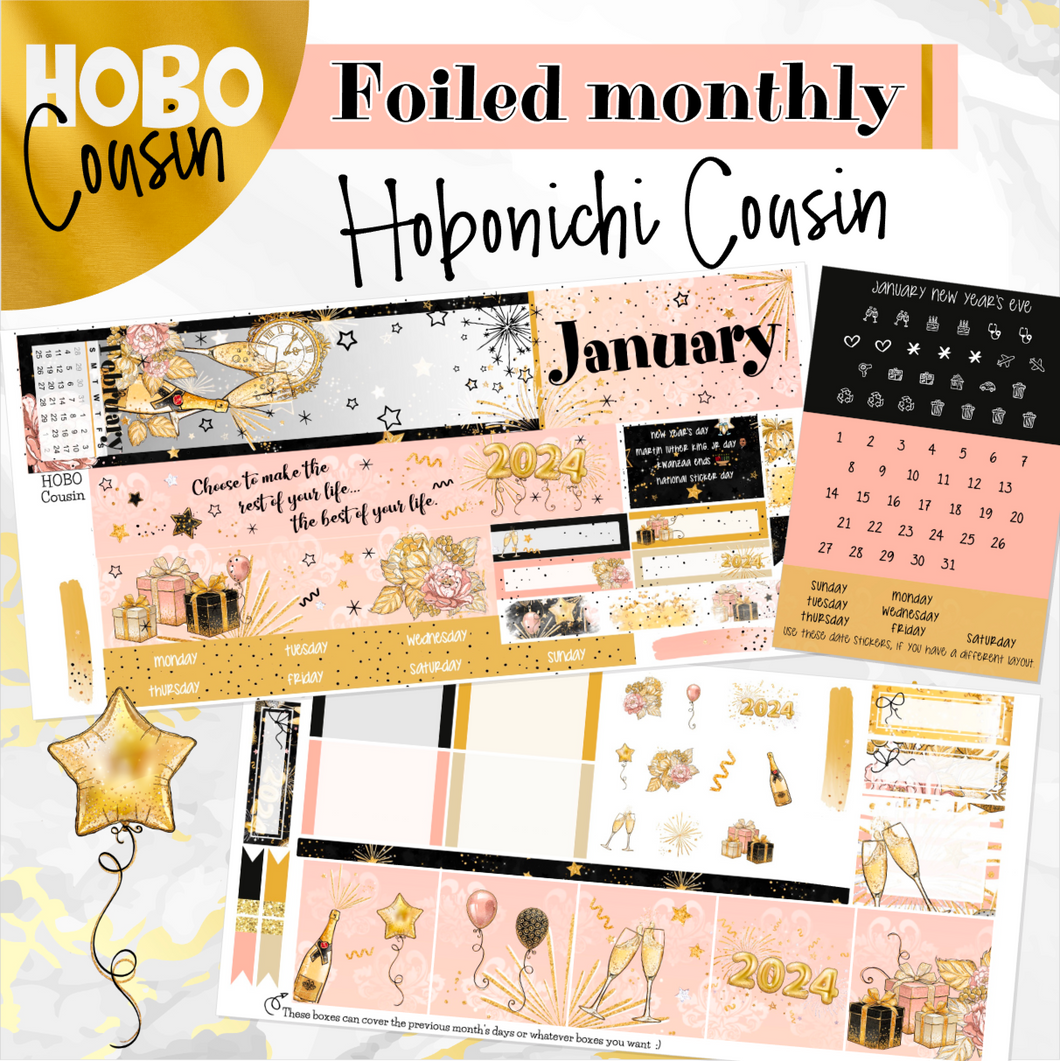 January New Year’s Eve ’24 FOILED monthly - Hobonichi Cousin A5 personal planner