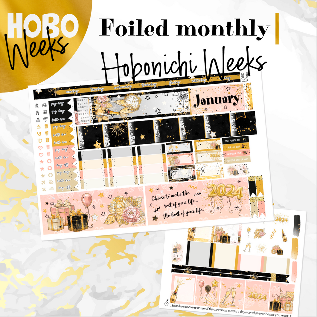 January New Year’s Eve ’24 FOILED monthly - Hobonichi Weeks personal planner