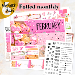 February Valentine Love FOILED monthly - Erin Condren Vertical Horizontal 7"x9", Happy Planner Classic, Mini & Big