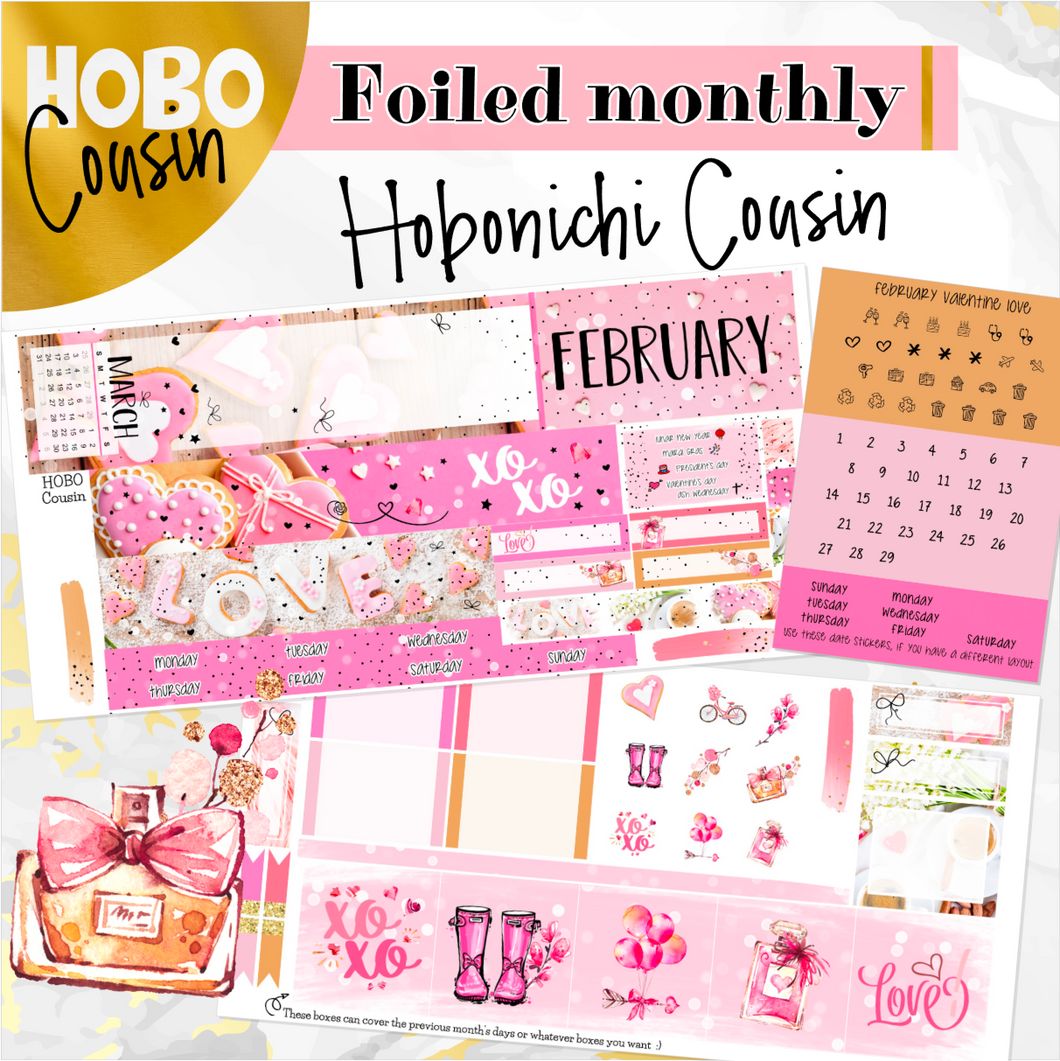 February Valentine Love '24 FOILED monthly - Hobonichi Cousin A5 personal planner