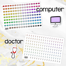 Load image into Gallery viewer, Functional Icon planner stickers -Asterisk, Balloons, Clothesline, Coffee, Computer, Doctor, Email, Fork/knife, Gift, Grocery bag, Hair dryer, Happy mail, Kettlebell, Laundry basket, Paper clip, Paw print, Planner, Prescription, Tooth, Trash (S-113)