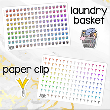 Load image into Gallery viewer, Functional Icon planner stickers -Asterisk, Balloons, Clothesline, Coffee, Computer, Doctor, Email, Fork/knife, Gift, Grocery bag, Hair dryer, Happy mail, Kettlebell, Laundry basket, Paper clip, Paw print, Planner, Prescription, Tooth, Trash (S-113)