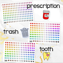 Load image into Gallery viewer, Functional Icon planner stickers -Asterisk, Balloons, Clothesline, Coffee, Computer, Doctor, Email, Fork/knife, Gift, Grocery bag, Hair dryer, Happy mail, Kettlebell, Laundry basket, Paper clip, Paw print, Planner, Prescription, Tooth, Trash (S-113)