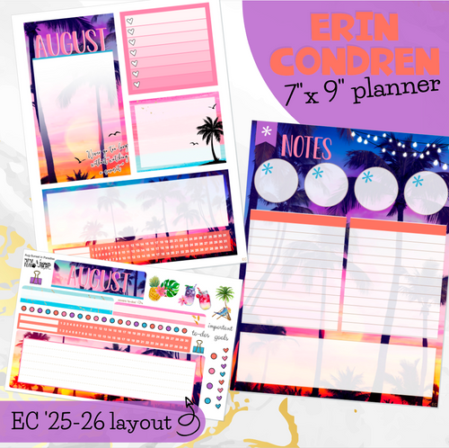 August Sunset in Paradise '25/26 Notes monthly sticker - Erin Condren Vertical Horizontal 7x9