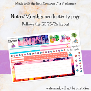 August Sunset in Paradise '25/26 Notes monthly sticker - Erin Condren Vertical Horizontal 7x9