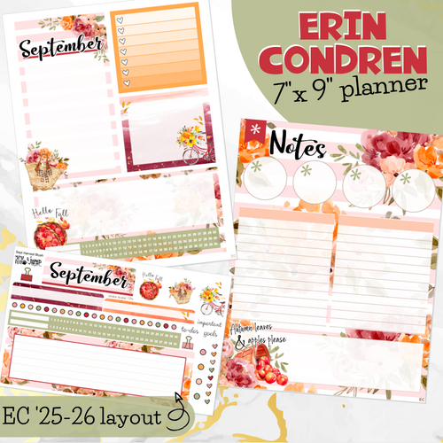 September Harvest Blush '25/26 Notes monthly sticker - Erin Condren Vertical Horizontal 7x9
