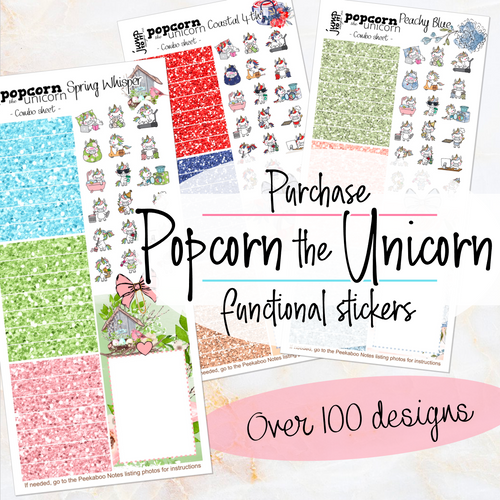 Popcorn the Unicorn Combo stickers - POCKET Weekly kits functional glitter tabs