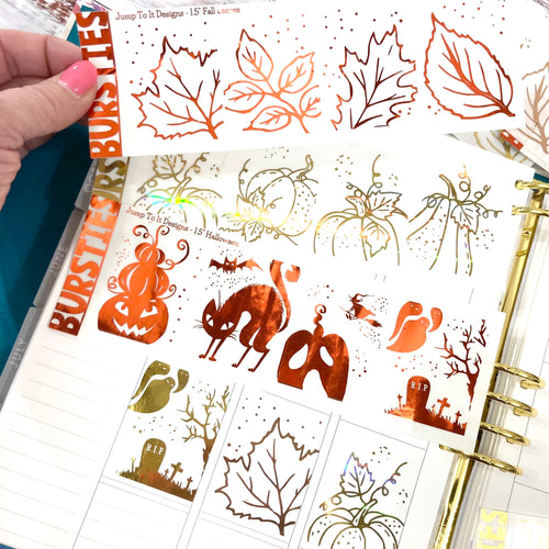 Foil - BURSTIES - Fall Leaves, Halloween & Pumpkins stickers     (F114+)