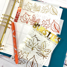 Load image into Gallery viewer, Foil - BURSTIES - Fall Leaves, Halloween &amp; Pumpkins stickers     (F114+)