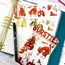 Load image into Gallery viewer, Foil - BURSTIES - Fall Leaves, Halloween &amp; Pumpkins stickers     (F114+)