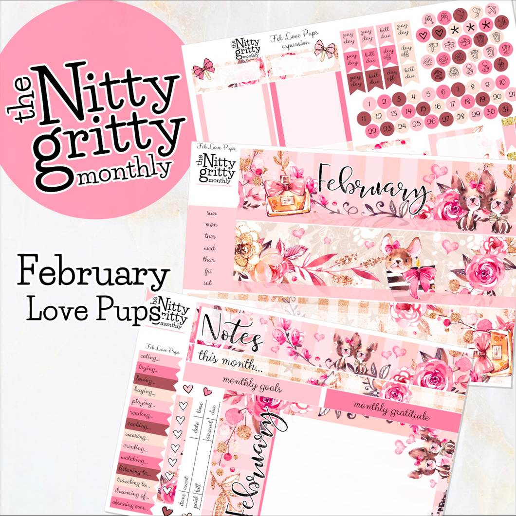 February Love Pups - The Nitty Gritty Monthly - Erin Condren Vertical Horizontal