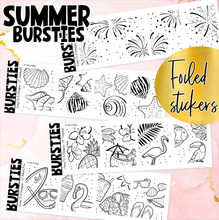 Load image into Gallery viewer, Foil - BURSTIES - Summer- Fireworks, Seashells, Tropical &amp; Beach Fun stickers (F-116+)