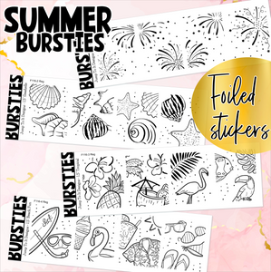 Foil - BURSTIES - Summer- Fireworks, Seashells, Tropical & Beach Fun stickers (F-116+)