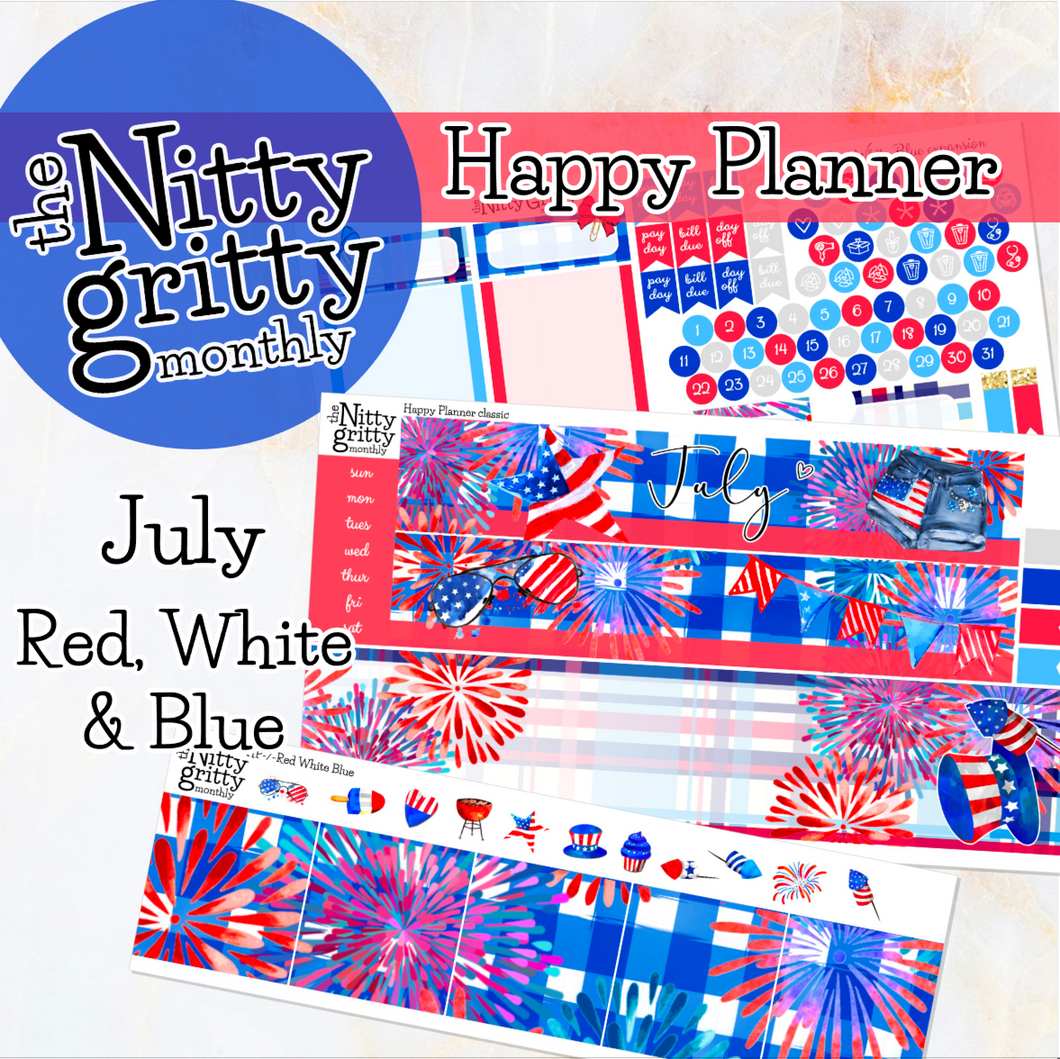 July 4th Red White Blue - The Nitty Gritty Monthly - Happy Planner Classic