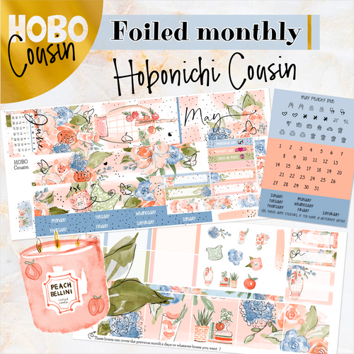 May Peachy Blue FOILED monthly - Hobonichi Cousin A5 personal planner