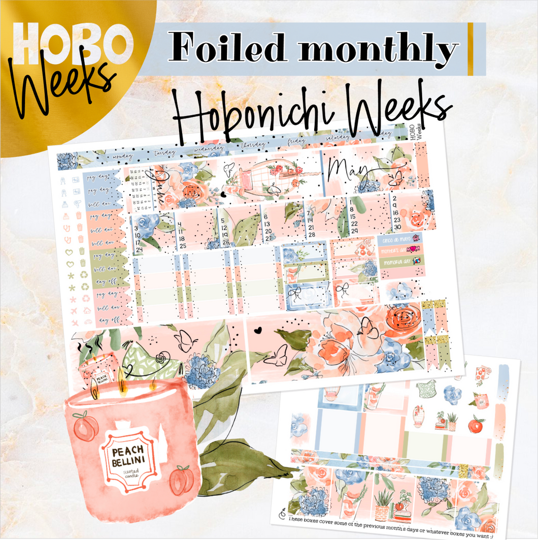 May Peachy Blue FOILED monthly - Hobonichi Weeks personal planner