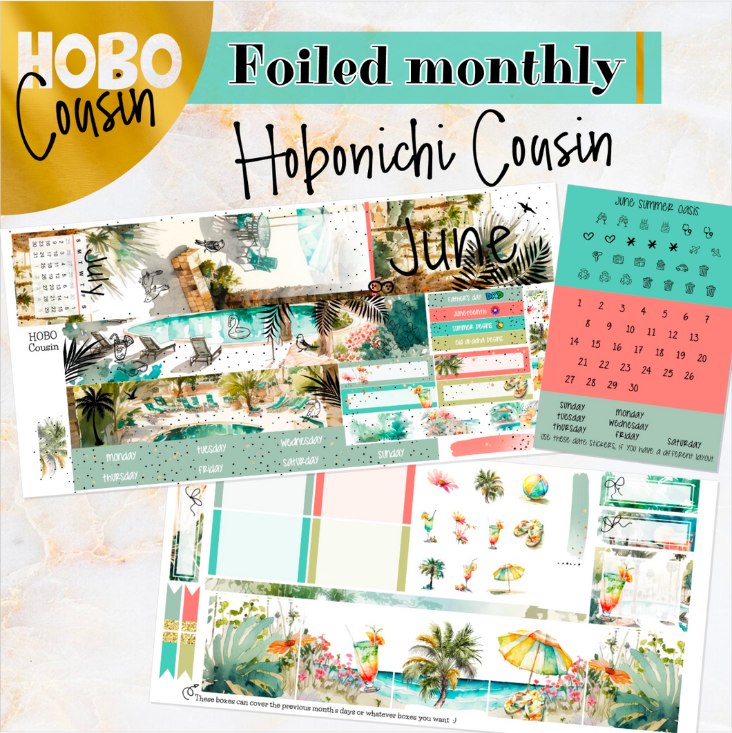June Summer Oasis FOILED monthly - Hobonichi Cousin A5 personal planner