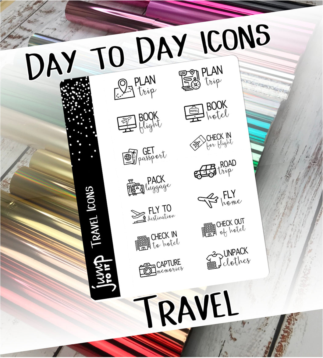 Foil Planner Stickers - TRAVEL Day to Day icons - Erin Condren Happy Planner B6 Hobo - vacation trip flight