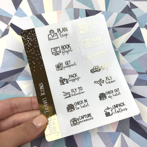 Foil Planner Stickers - TRAVEL Day to Day icons - Erin Condren Happy Planner B6 Hobo - vacation trip flight