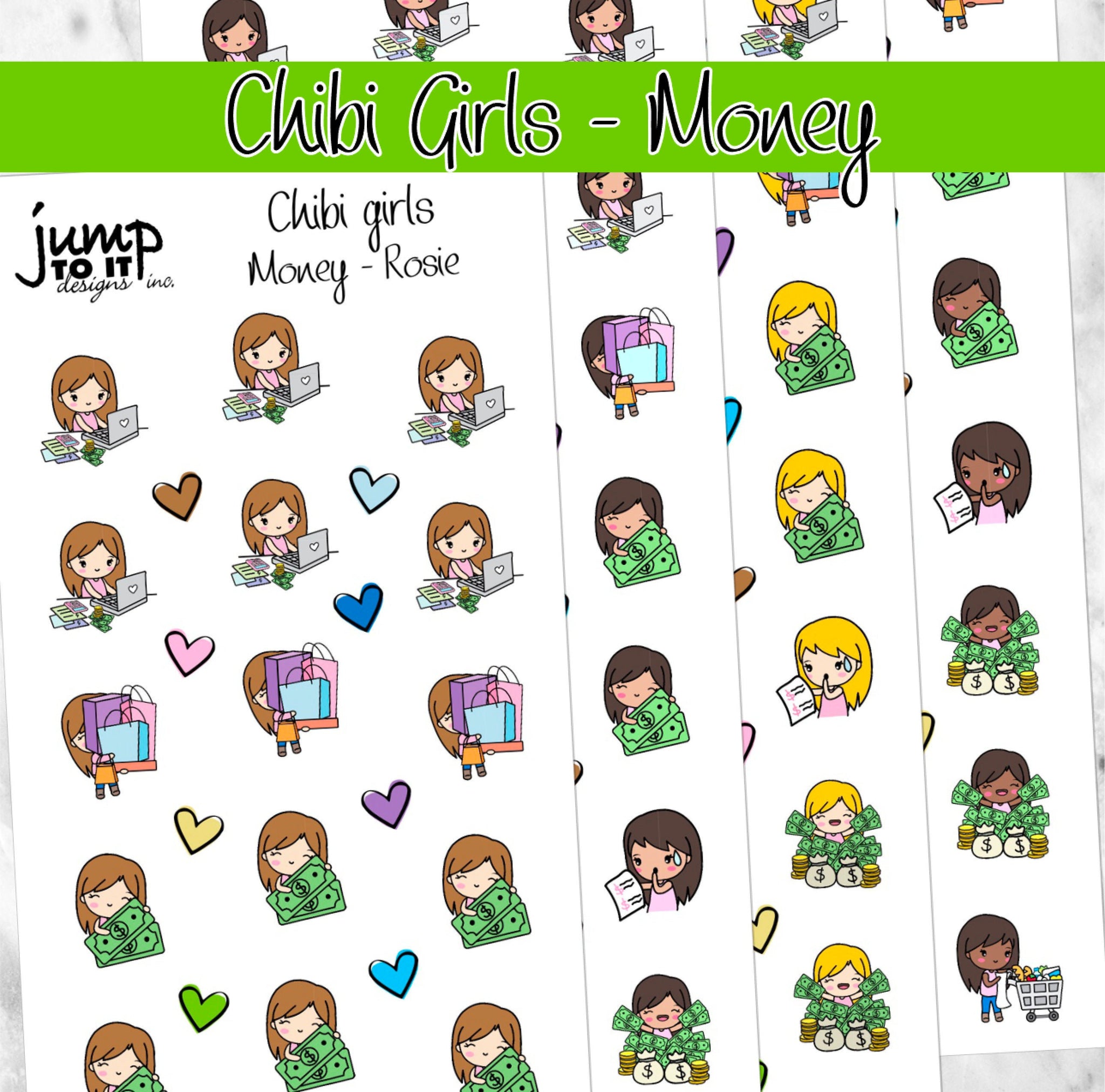 MONEY Chibi Girls planner stickers (S-107-4+) – Jump To It Designs