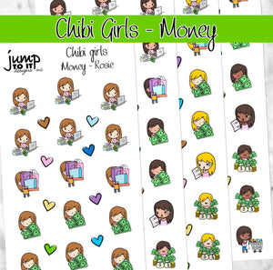 MONEY Chibi Girls planner stickers-  Bills shopping financial